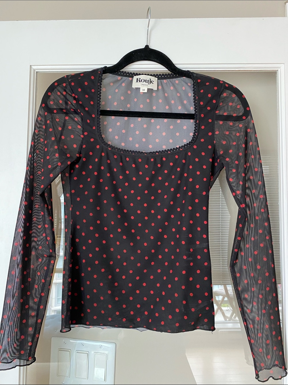 Rouje Black Mesh Long-Sleeve Top with Red Polka Dots